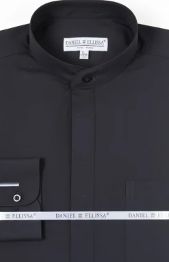 Basic Banded Collar Convertible Cuff Dress Shirt in Black