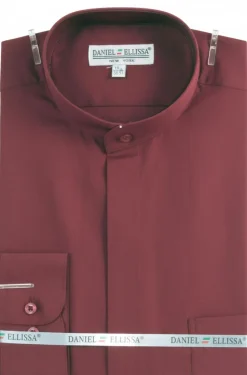Basic Banded Collar Convertible Cuff Dress Shirt in Burgundy