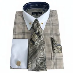Beige Glen Plaid French Cuff Dress Shirt Set