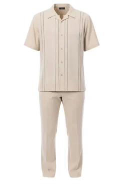Beige Vertical Stripe Short Sleeve Walking Suit