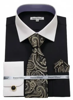 Black Geometric Jacquard Pattern French Cuff Dress Shirt Set