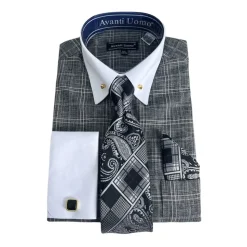 Black Glen Plaid French Cuff Dress Shirt Set
