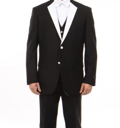 Black Modern Fit Tuxedo 3 Piece with White Lapel 6 Button Vest