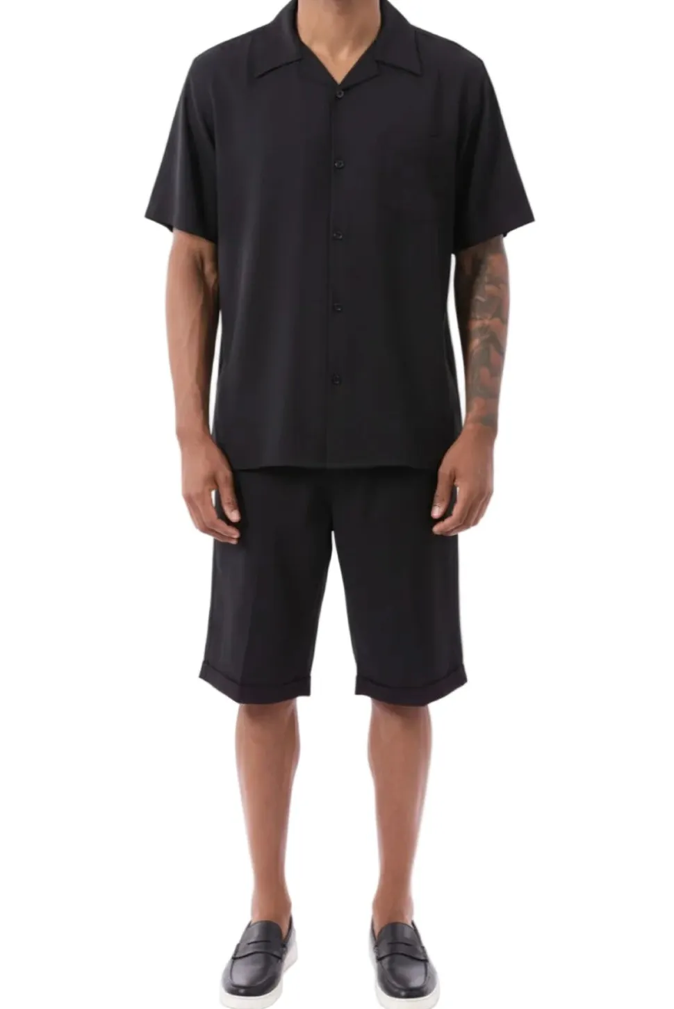 Black 2 Piece Short Sleeve Walking Suit Set with Elastic Waistband Shorts