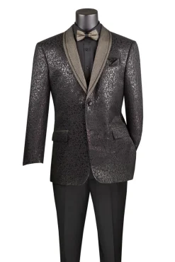 Black Regular Fit Jacket with Dots Lapel and Matching Bow Tie