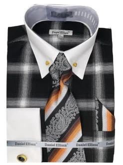 Black Tone on Tone Check Printed French Cuff Dress Shirt Set