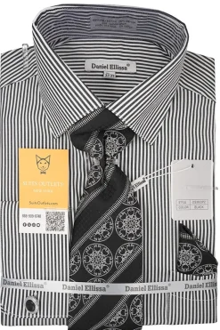 Black White Bold Stripe French Cuff Dress Shirt with Tie, Cuff Links and Pocket Square