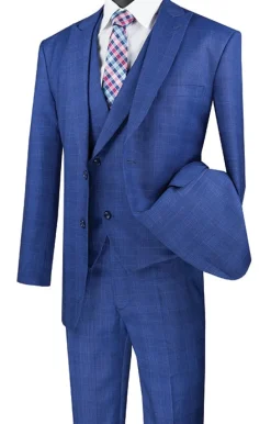 Blue Modern Fit Glen Plaid 2 Button Peak Lapel 3 Piece Suit