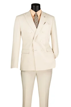 Bone White Slim Fit Double Breasted 2 Piece Suit with Adjustable Waistband