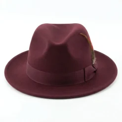 Brooklyn Collection - Wool Felt Crushable Fedora with Feather Accent in Burgundy