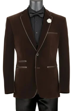 Brown Slim Fit Velvet Sport Coat Single Breasted 2 buttons