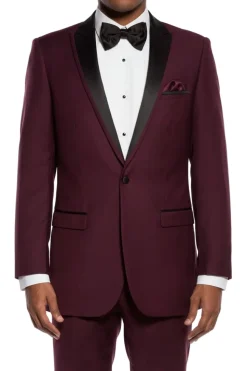 Burgundy Slim Fit 2 Piece Tuxedo With Satin Peak Lapel