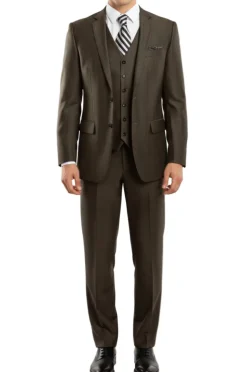 Charcoal Brown 3 Piece Modern Fit Suit 2 Button V-Neck Vest