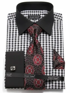 Check Pattern French Cuff Dress Shirt Set - Black
