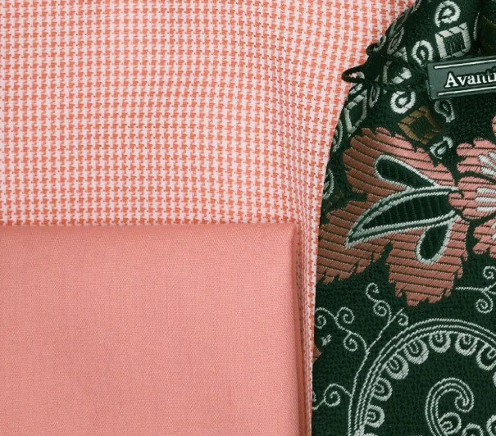 Coral French Cuff Mini-Houndstooth Dress Shirt Set with Tie and Handkerchief