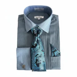 Denim Blue Textured French Cuff Dress Shirt Set