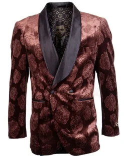 Empire Collection - Slim Fit Rust Floral Pattern Double Breasted Blazer