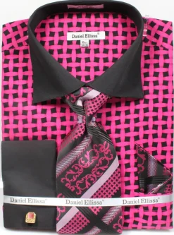 French Cuff Checker Pattern Cotton Shirt in Black/Fuchsia with Tie, Cuff Links and Handkerchief
