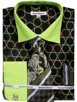 French Cuff Circle Printed Cotton Shirt in Black/Green