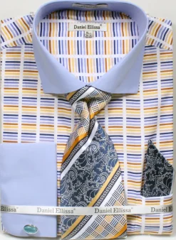 French Cuff Cotton Shirt in Blue with Tie, Cuff Links and Pocket Square