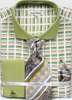 French Cuff Cotton Shirt in Green with Tie, Cuff Links and Pocket Square