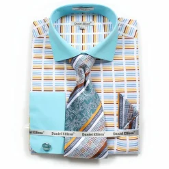 French Cuff Cotton Shirt Set in Turquoise with Tie, Cuff Links and Pocket Square