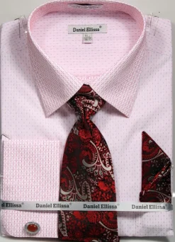 French Cuff Dress Shirt Regular Fit in White/Red with Tie, Cuff Links and Pocket Square