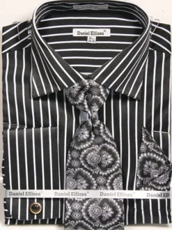French Cuff Regular Fit Shirt Set Bold Stripe Black with Cuff Links, Tie and Pocket Square