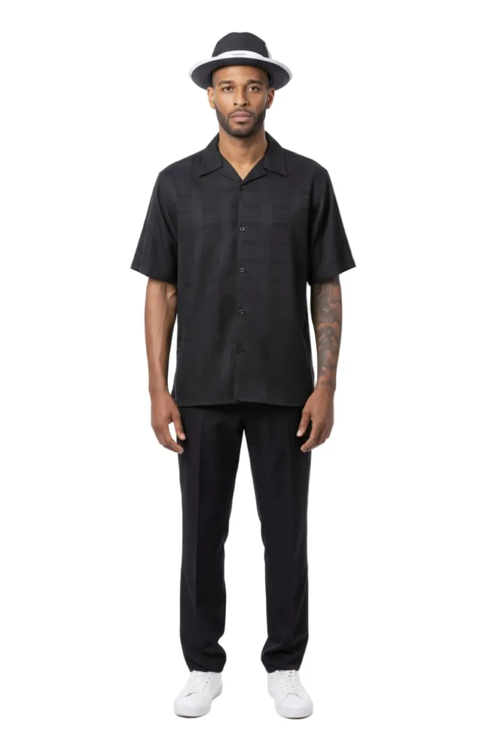 Geometric Weave Short Sleeve Walking Suit - Black