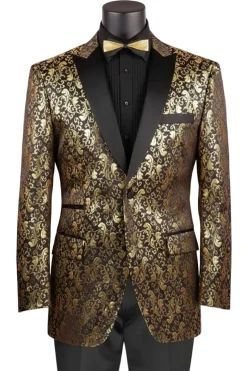 Gold Regular Fit Floral Pattern Jacket Peak Lapel