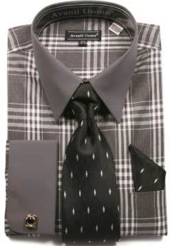 Gray Check Pattern French Cuff Dress Shirt Set