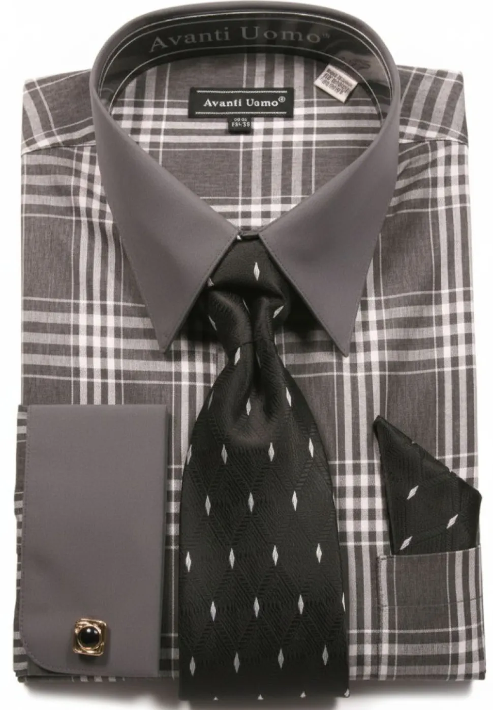 Gray Check Pattern French Cuff Dress Shirt Set