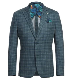 Half Canvas Slim Fit Blazer in Green Blue Check