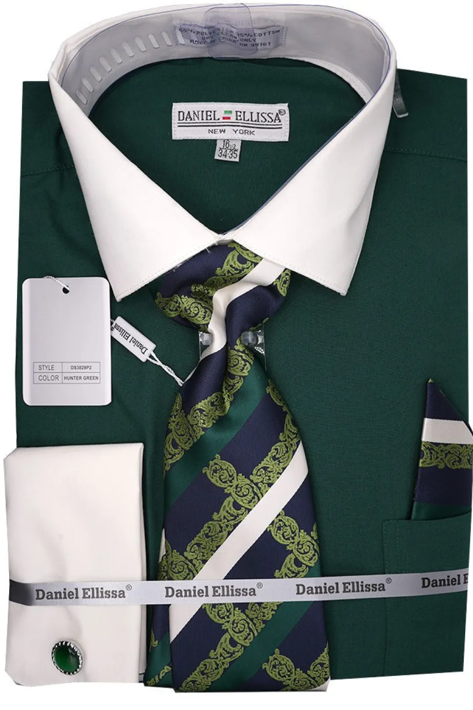 Hunter Green French Cuff Dress Shirt Set with Tie and Handkerchief