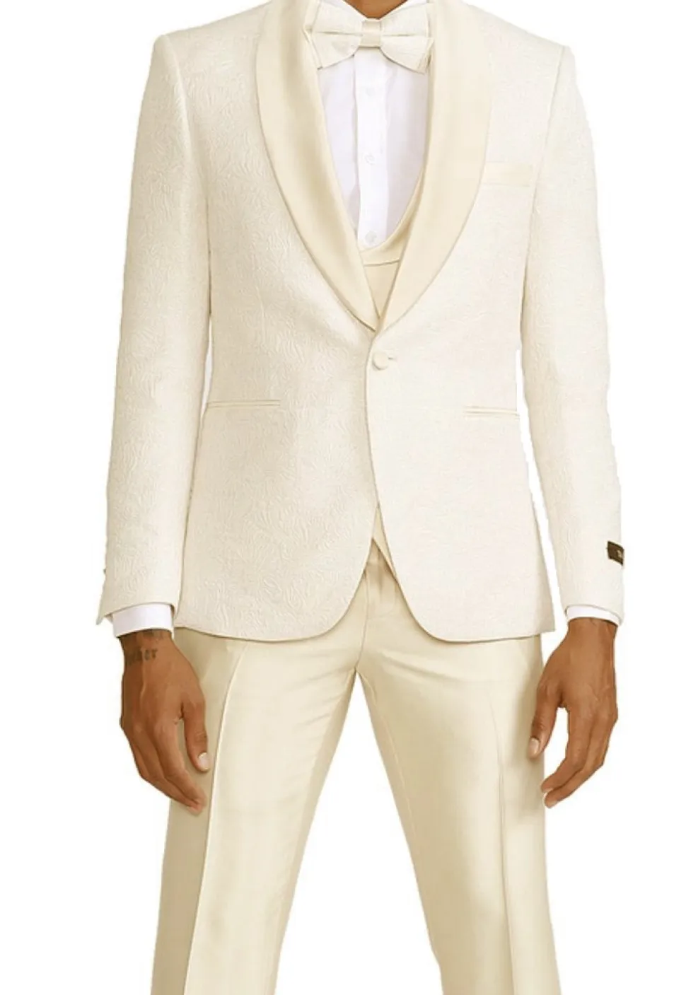 Ivory Slim Fit Tuxedo 4 Piece with Satin Shawl Collar Beveled Designed Vest