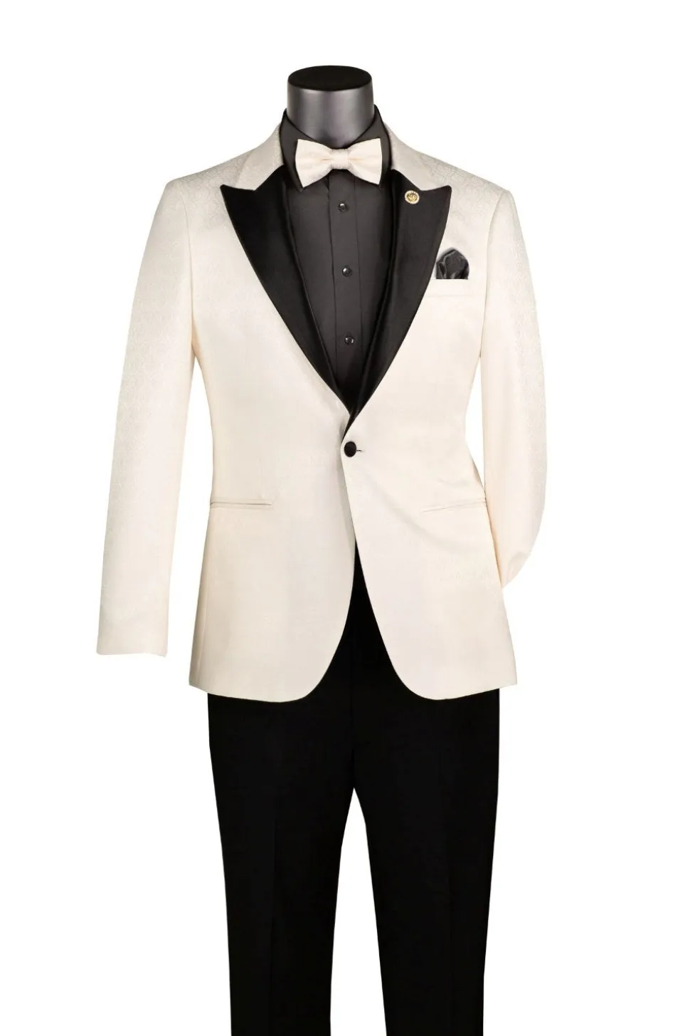Ivory White Textured Jacquard Peak Lapel Tuxedo Blazer