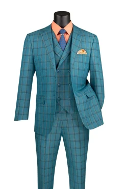 Lazio Collection - Modern Fit Windowpane Suit 3 Piece in Teal Blue