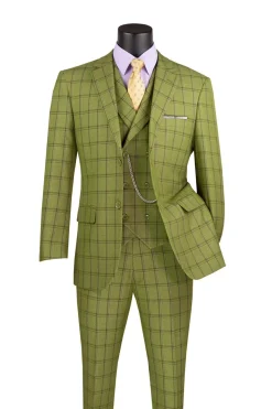 Lazio Collection - Modern Fit Windowpane Suit 3 Piece in Moss Green with Adjustable Waistband Pants