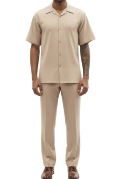 (L) Beige Tone on Tone Detailed Design Walking Suit 2 Piece Short Sleeve Set