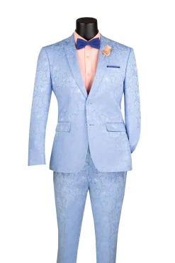 Light Blue Tone on Tone Paisley Pattern Slim Fit Men's 2 Piece Suit
