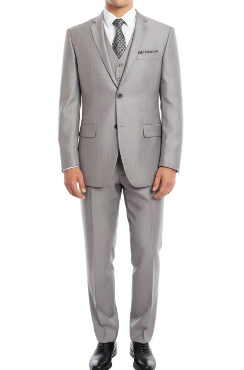 Light Gray 3 Piece Modern Fit Suit 2 Button V-Neck Vest