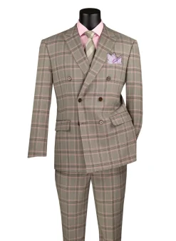 Light Taupe Modern Fit Double Breasted Glen Plaid Peak Lapel 2 Piece Suit