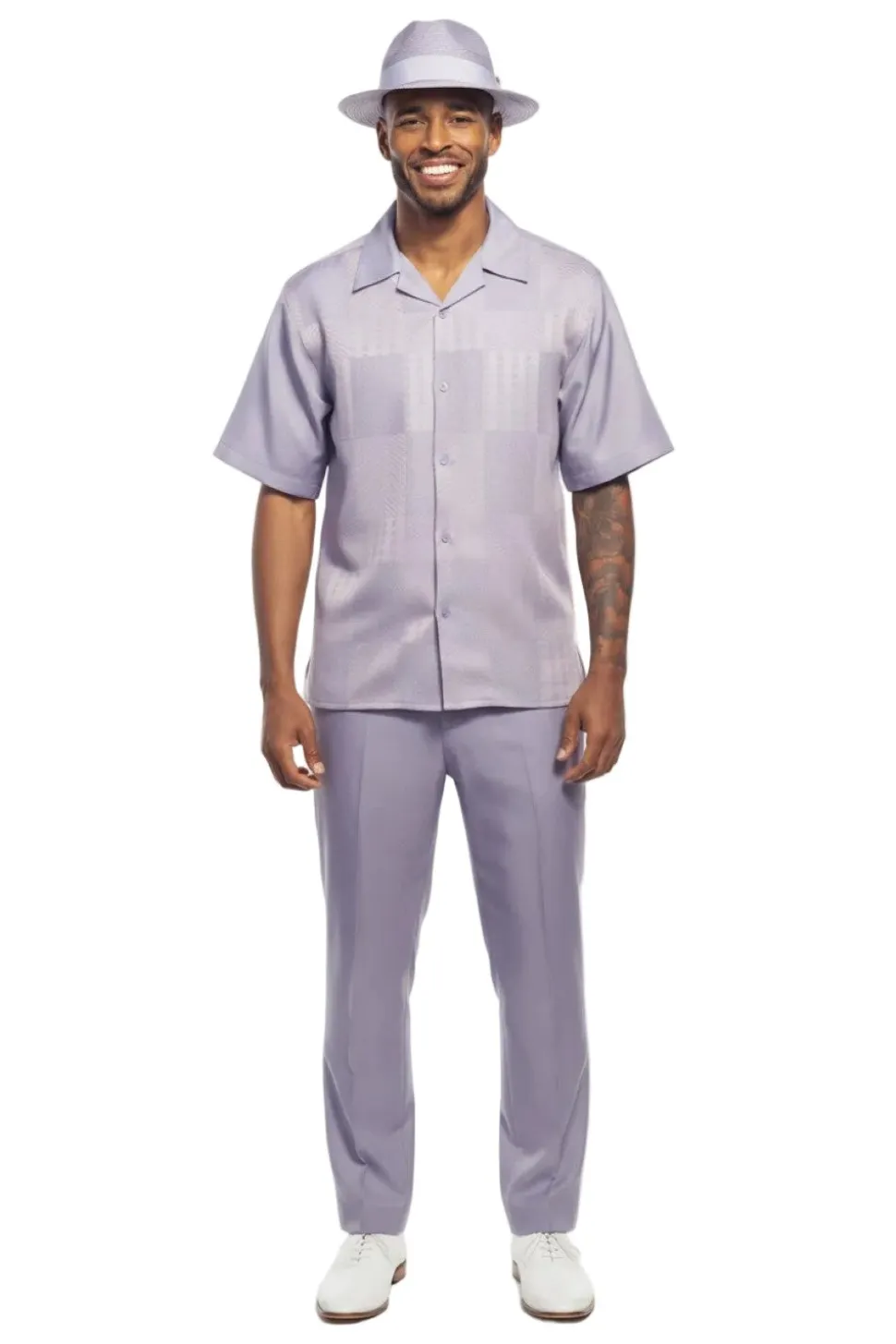 Lilac Geometric Jacquard Panel Short Sleeve Walking Suit