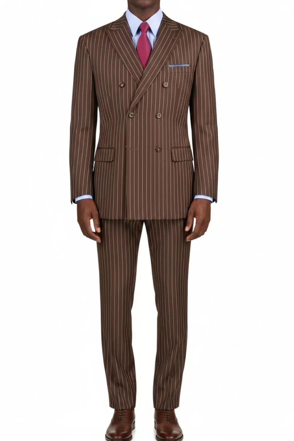 (44L, 50L, 52R) Brown Regular Fit 2 Piece Pinstripe Double Breasted Suit