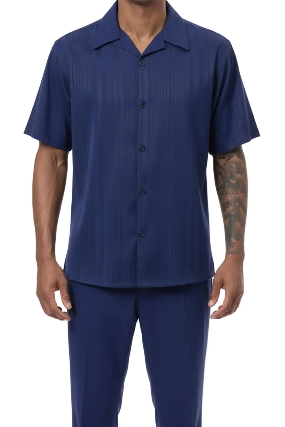 (L) Navy Tone-on-tone Vertical Striped Walking Suit 2 Piece Short Sleeve Set