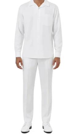 Long Sleeve Walking Suit 2 Piece Set with Flexible Waist Pants in White