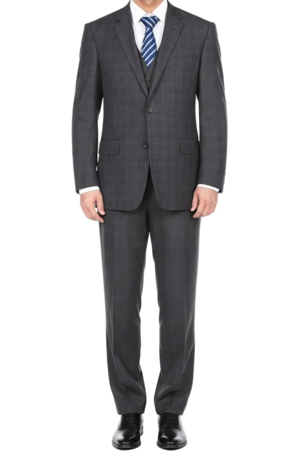 (42L) 3 Piece Suit 2 Buttons Gray Glen Plaid Regular Fit