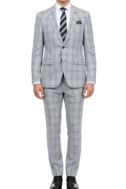 (42L, 48R) Slim Fit Gray 2 Piece Glen Plaid Suit