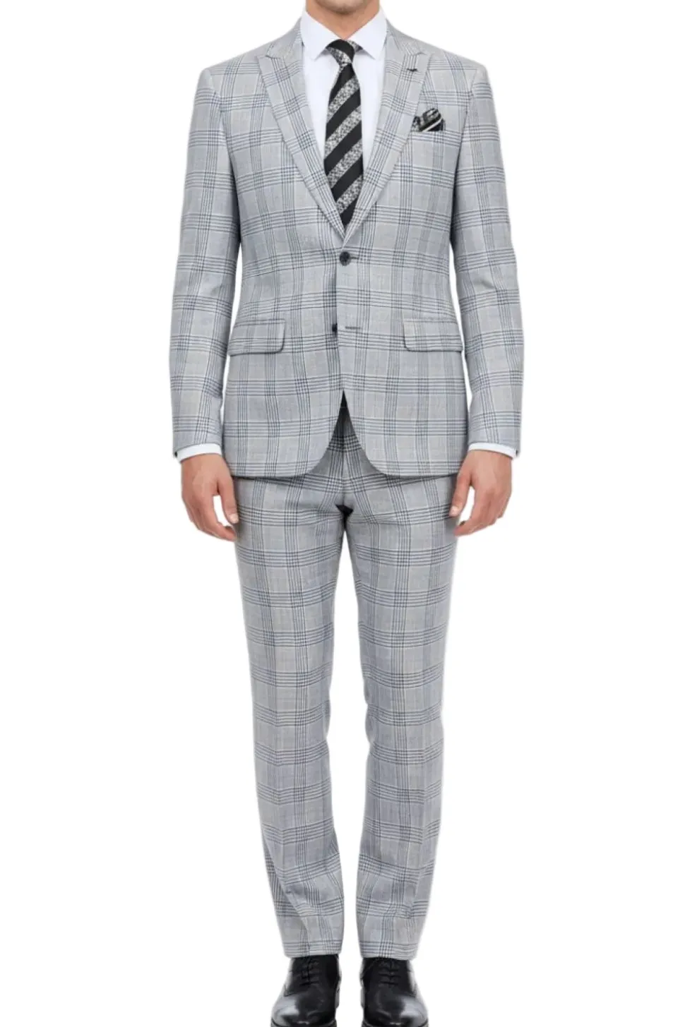 (42L, 48R) Slim Fit Gray 2 Piece Glen Plaid Suit