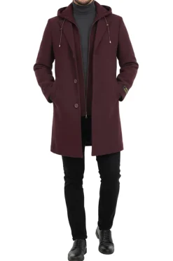 (M) Burgundy Wool Slim Fit Top Coat with Hoodie